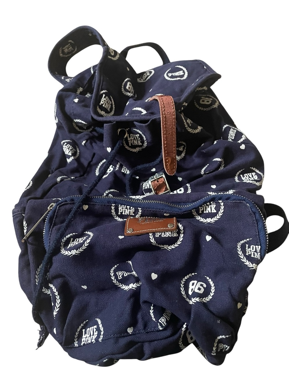 Vtg Victoria's Secret PINK Navy Canvas Backpack Laurel Wreath 86
